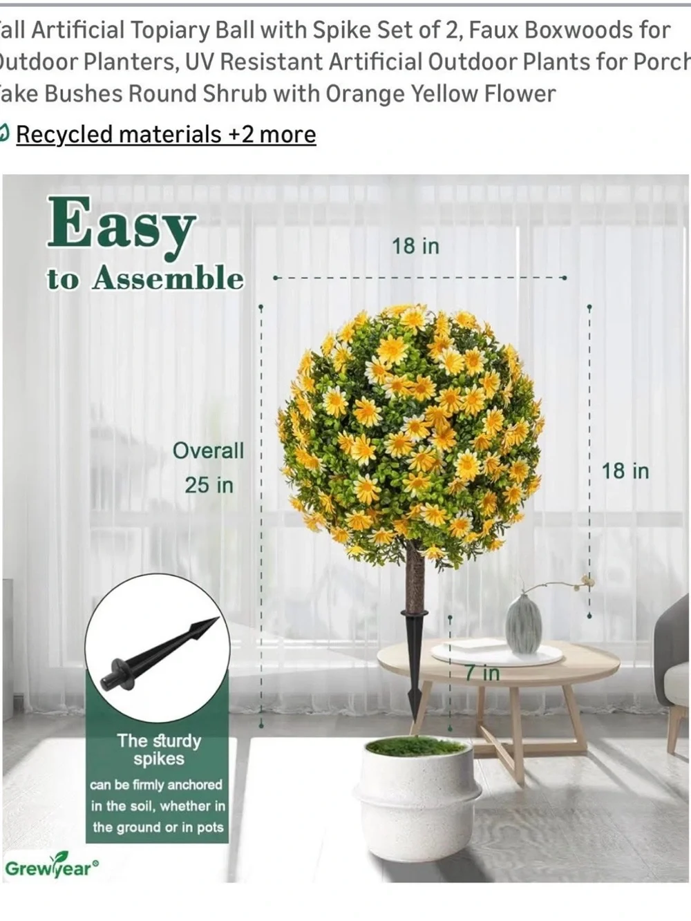 Faux Yellow Flower Topiary Ball Set of 2 - Decorative Outdoor Accent New